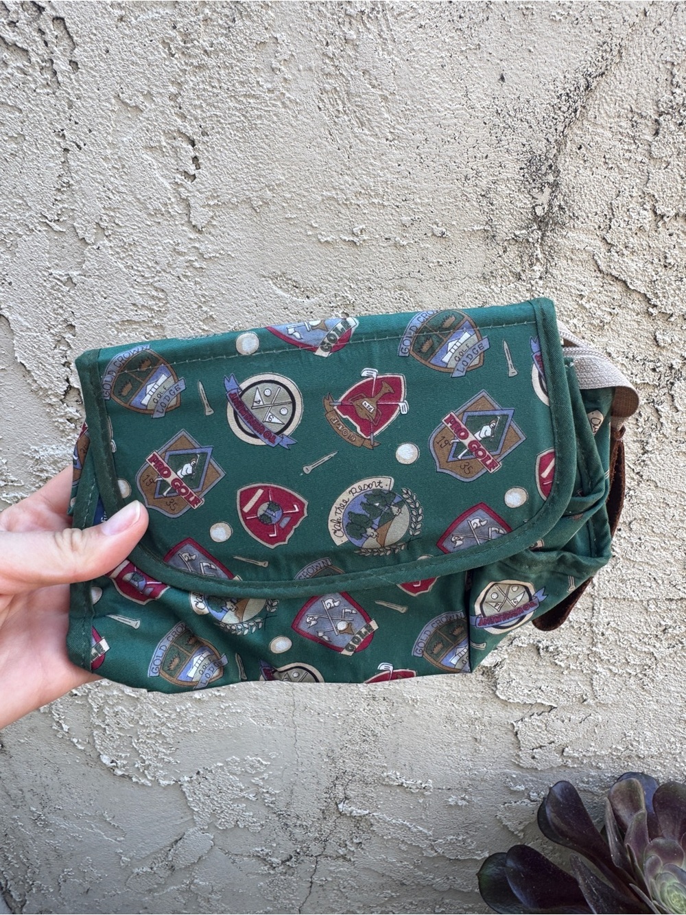 Vintage 80s Green Golf Crest Wristlet Clutch Mirror